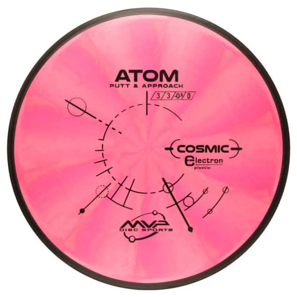 Pink disc golf disc featuring Atom, Cosmic, and Electron logos for disc golf players.
