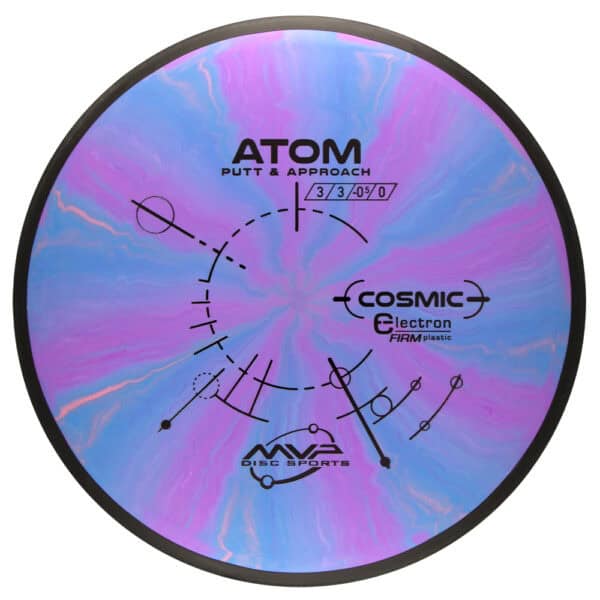 Atom putt and approach disc with cosmic design in electron firm plastic for disc golf.
