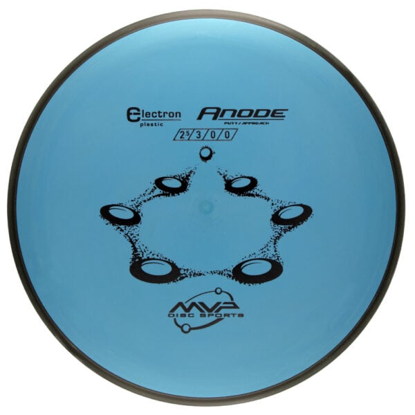 Blue Electron Anode disc golf disc with black graphics and weight info.