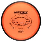 Bright orange Matrix midrange disc for disc golf with detailed flight path diagram.