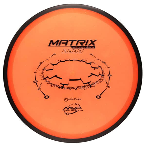 Bright orange Matrix midrange disc for disc golf with detailed flight path diagram.