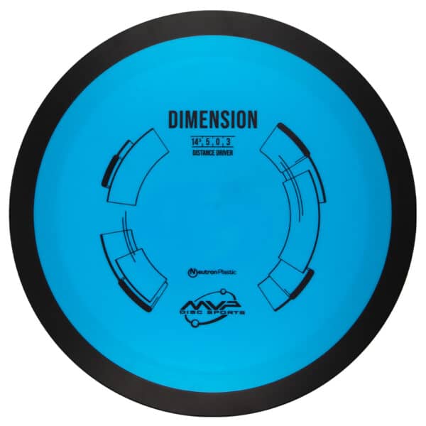 Blue disc golf disc with dimension and distance driver labels for accurate throws.