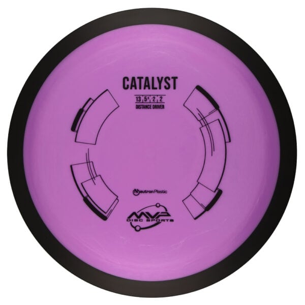 Purple Catalyst disc golf disc with distance driver design for optimal throws.