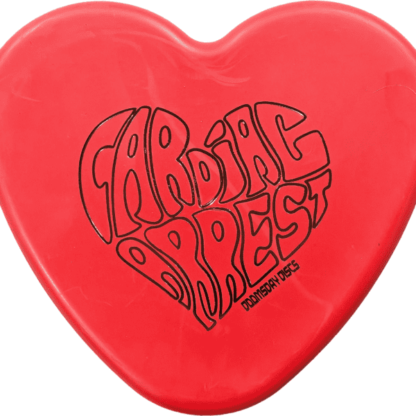 Heart-shaped disc golf disc with "Atomic Heart" logo design. Perfect for disc golf enthusiasts and c.