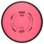 Pink Matrix disc golf midrange driver with black and white design, ideal for accurate throws and dis.