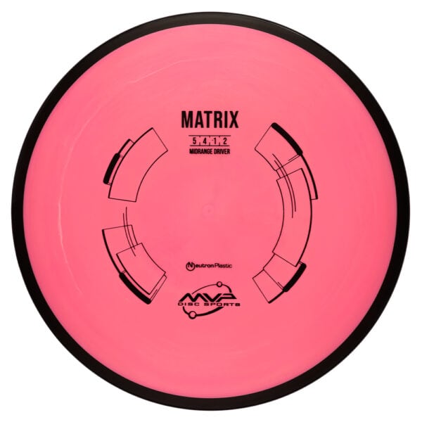 Pink Matrix disc golf midrange driver with black and white design, ideal for accurate throws and dis.