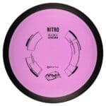 Pink Nitro disc golf disc with black rim and flight path graphics for distance throws.