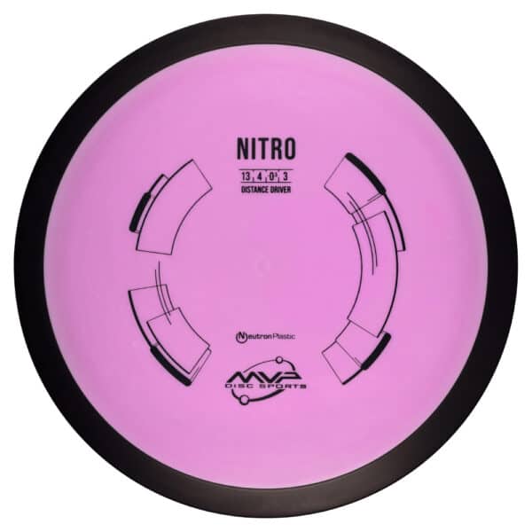 Pink Nitro disc golf disc with black rim and flight path graphics for distance throws.