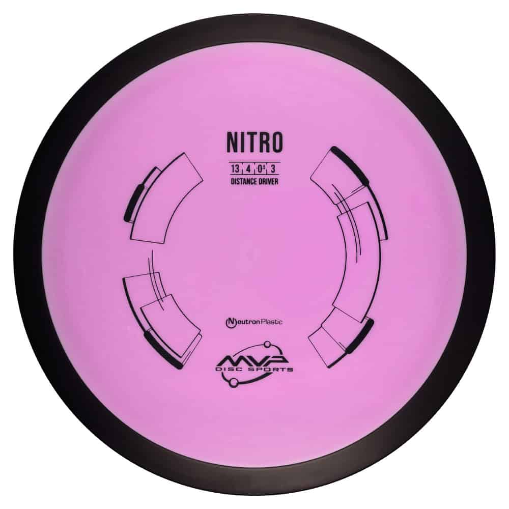 Nitro Disc Golf Disc for Distance Throws Pink Nitro disc golf disc with black rim and flight path graphics for distance throws.