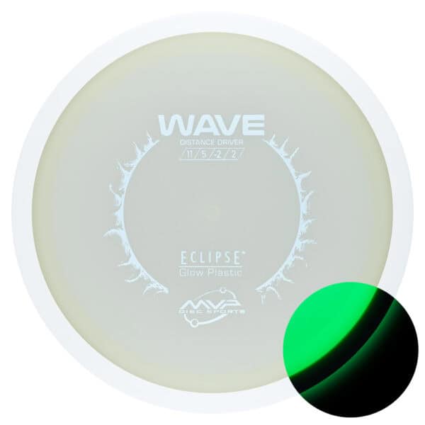 Glow plastic disc golf distance driver with wave design and bright green glow for night play.