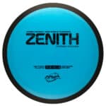 Blue Zenith disc golf driver with black rim, designed for distance throws.