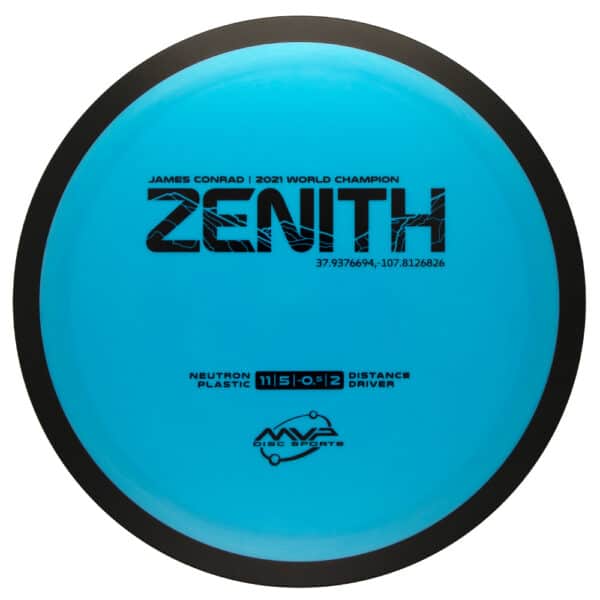 Blue Zenith disc golf driver with black rim, designed for distance throws.