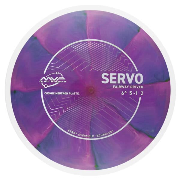 Servo fairway driver disc for disc golf, featuring gyro overmold technology and cosmic neutron plast.