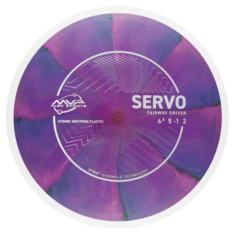 Servo fairway driver disc for disc golf, featuring gyro overmold technology and cosmic neutron plast.