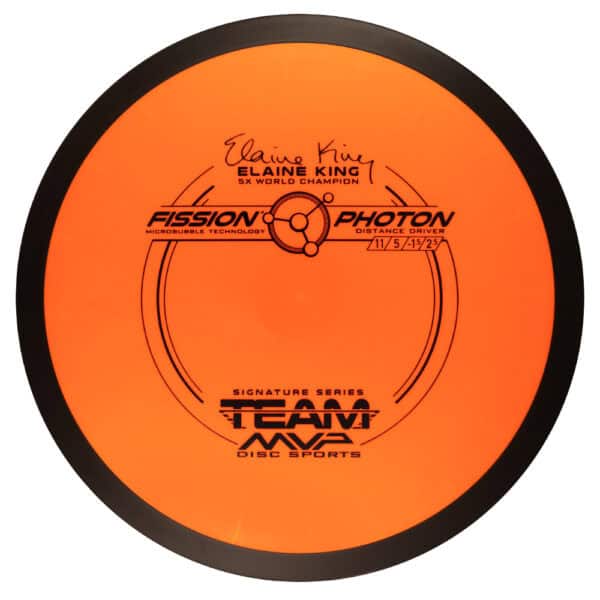 Fission Photon disc golf disc with Elaine King signature and signature series branding.