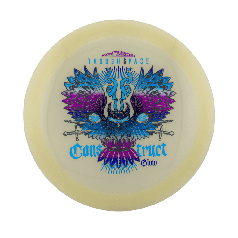 Glow disc with intricate owl and butterfly design for disc golf.