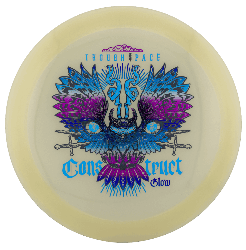 Glow disc with intricate owl and butterfly design for disc golf.