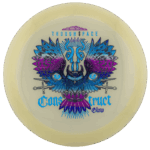 Glow disc with intricate owl and butterfly design for disc golf.