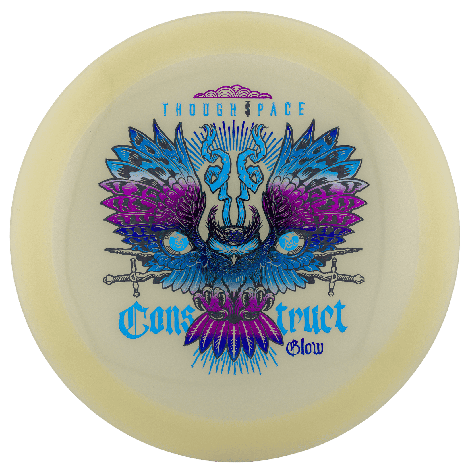 KWs Disc Golf Glow Disc Glow disc with intricate owl and butterfly design for disc golf.