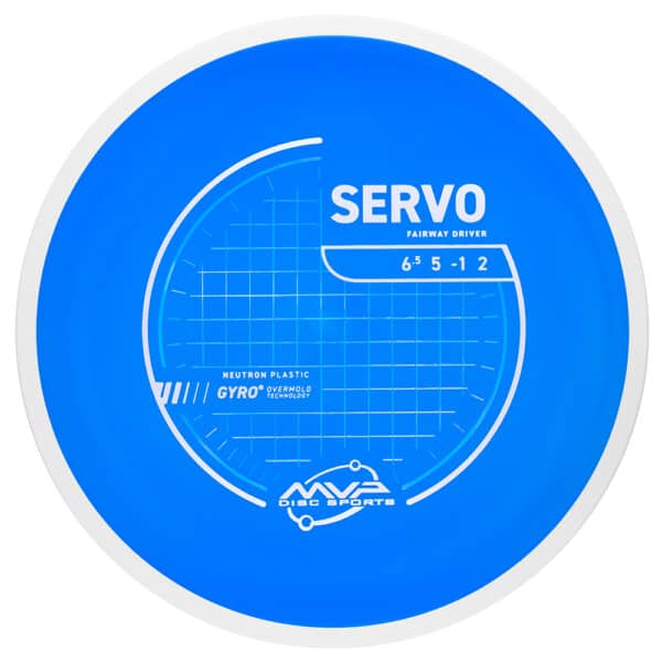 Blue servo fairway driver disc for disc golf with gyro technology and 6.5 speed rating.