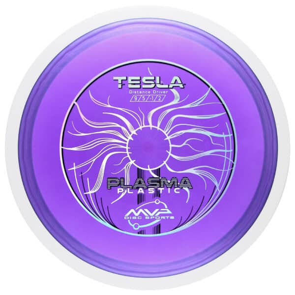 Tesla Plasma plastic disc golf disc with purple color and intricate design.