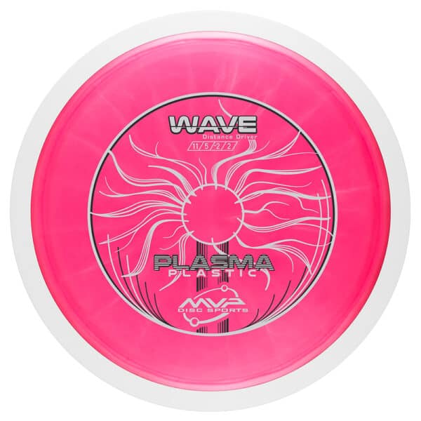 Wave distance driver disc for disc golf, featuring vibrant pink color and aerodynamic design.