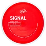 Red Signal disc golf driver with Proton plastic, fairway design, and overmold technology for optimal.