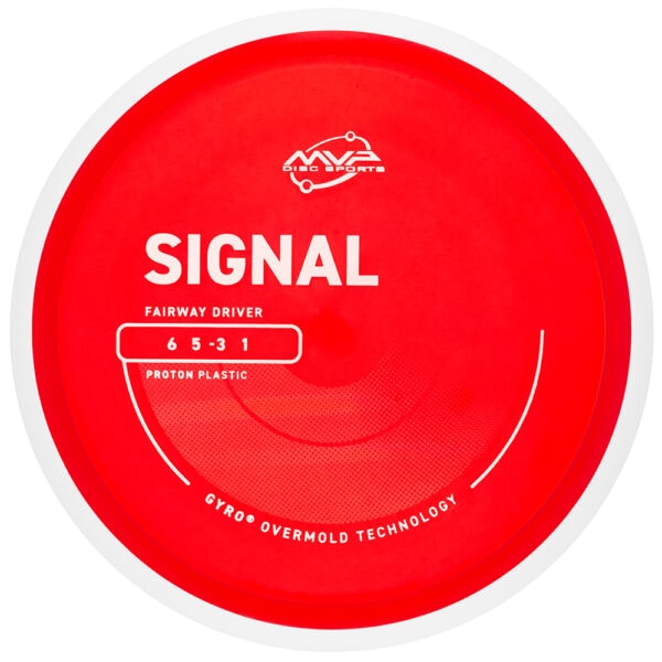 Red Signal disc golf driver with Proton plastic, fairway design, and overmold technology for optimal.