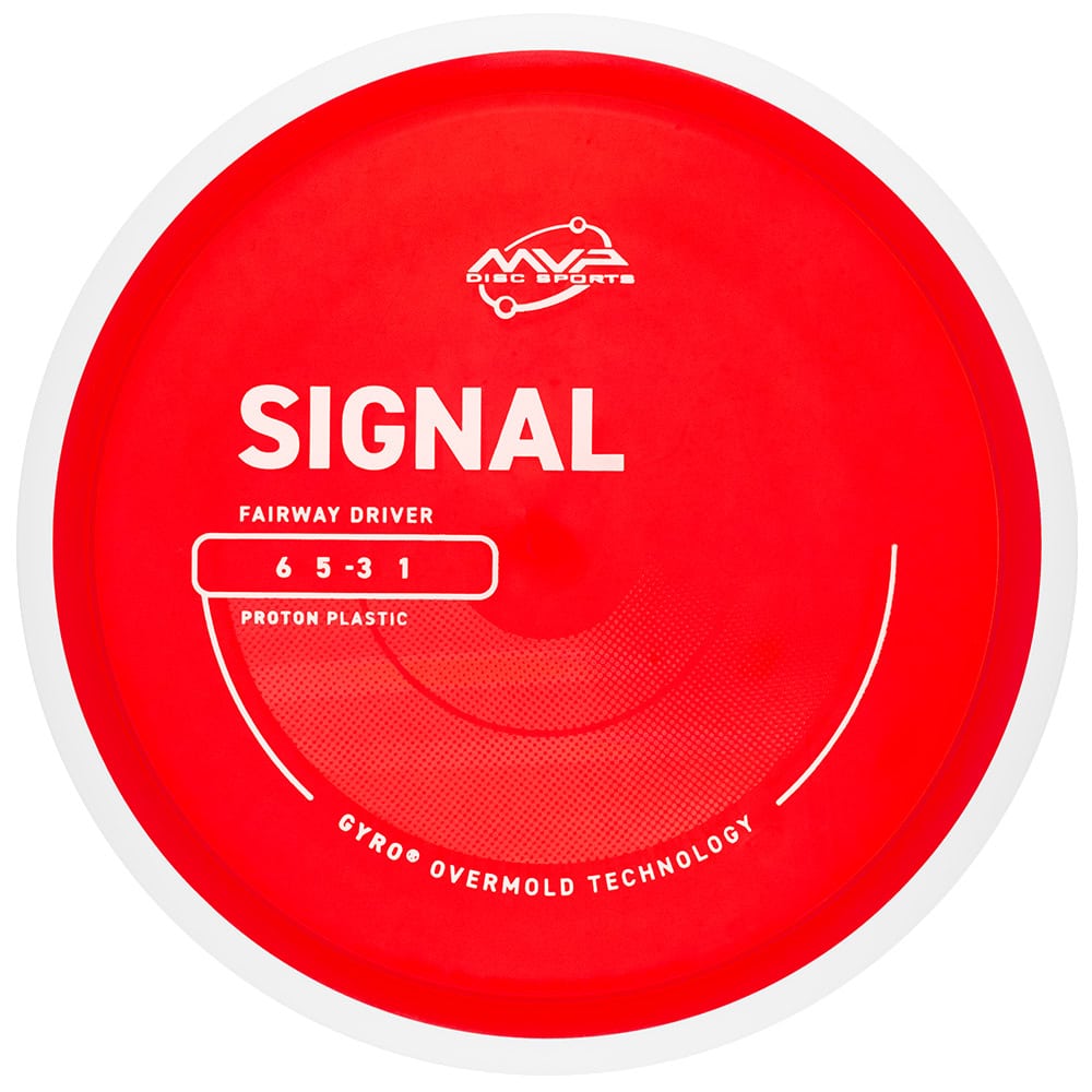 Signal Disc Golf Driver - Proton Plastic, Fairway, Overmold Technology Red Signal disc golf driver with Proton plastic, fairway design, and overmold technology for optimal.