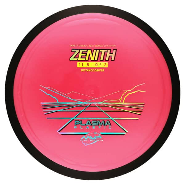 Pink Zenith distance driver disc for disc golf, featuring plasma plastic and vibrant design.