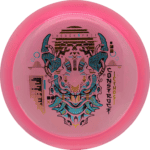 Colorful disc golf disc with intricate alien design and text.